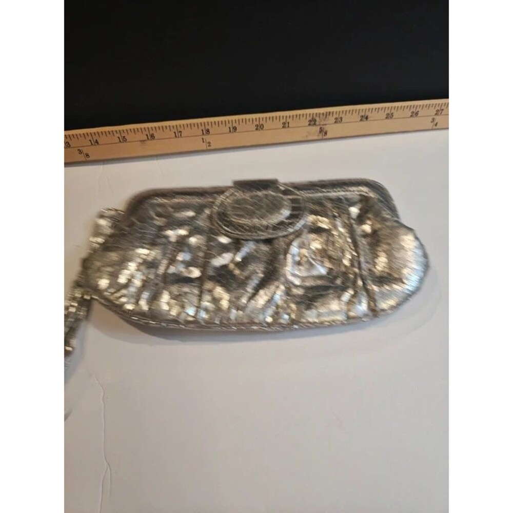 Silver Metallic Pleated Envelope Evening Clutch Bag with Wristlet Strap